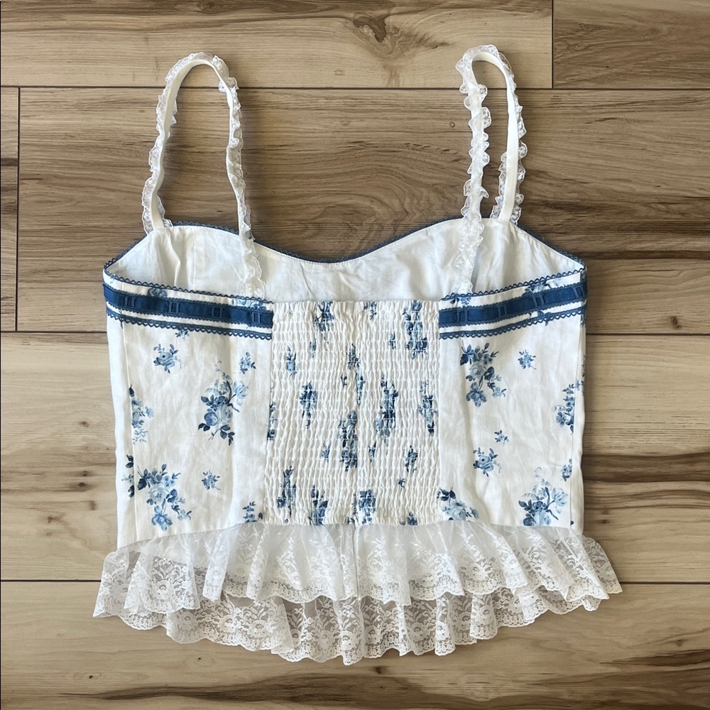 Reformation Paola Linen Sleeveless Top in Delicacy Corset White Blue Coquette - Picture 4 of 9